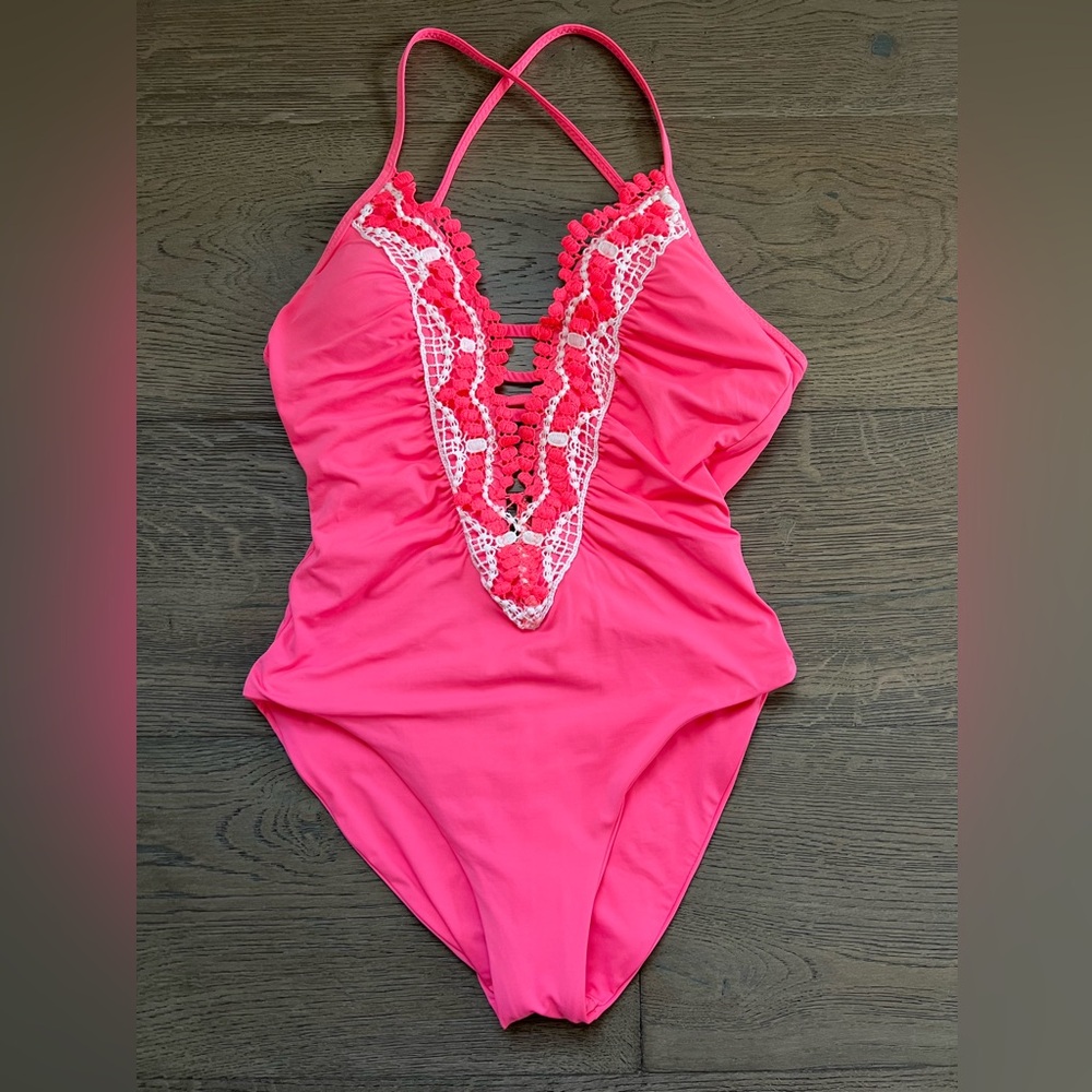 BECCA Hot Pink One-Piece Swimsuit with Crochet Plunge